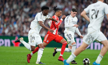 Michael Olise of Bayern Munich and Aurelien Tchouameni, Federico Valverde of Real Madrid during the UEFA Champions League, Quarter-finals, 1st leg football match between Real Madrid CF and FC Bayern Munich on 7 April 2026 at Santiago Bernabeu stadium in M