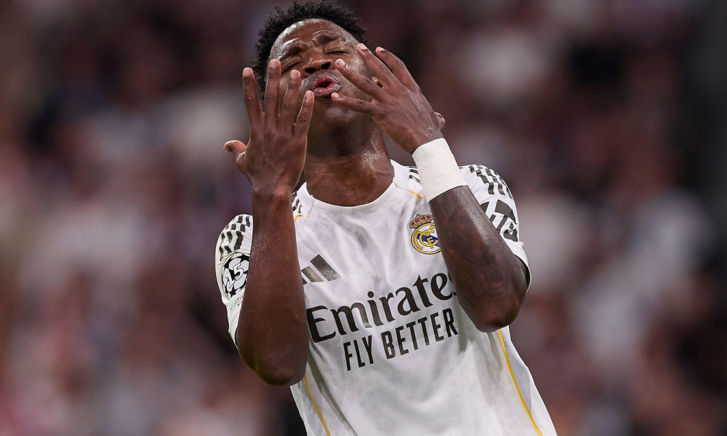 Madrid, Spain. 07th Apr, 2026. Vinicius Junior of Real Madrid CF gestures during the UEFA Champions League 2025/2026 quarter-finals first leg football match between Real Madrid CF and FC Bayern Munchen at Santiago Bernabeu stadium. Final score Real Madrid