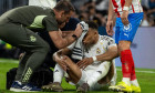 Madrid, Spain. 10th Apr, 2026. Kylian Mbappé, Real Madrid player, being attended to by the club doctors during the EA SPORTS La Liga 2025-2026 match between Real Madrid and Girona FC, played at the Santiago Bernabéu Stadium. Final score: Real Madrid 1 - G