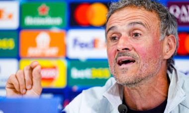 Paris Saint-Germain manager Luis Enrique during a press conference at Anfield, Liverpool. Picture date: Monday April 13, 2026.