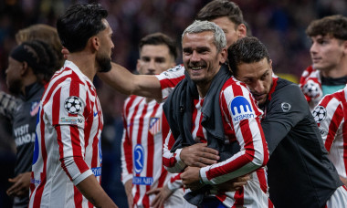 Madrid, Spain. 14th Apr, 2026. Atlético de Madrid players celebrate a goal during the UEFA Champions League quarter-final second leg match between Atlético de Madrid and FC Barcelona, ??played at the Riyadh Air Metropolitano Stadium. Final score: Atlético