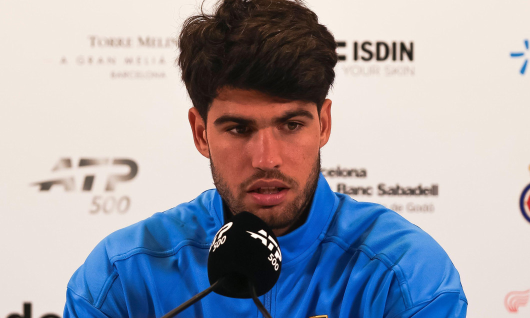 BARCELONA, SPAIN - APRIL 14: Carlos Alcaraz of Spain during the press conference following his first appearance at the Barcelona Open Banc Sabadell - Conde de Godó 2026, Round 4, at the Real Club de Tenis Barcelona. Carlos Alcaraz won the match 6-4, 6-2 a