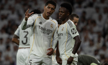 Madrid, Spain. 10th Apr, 2026. Vinícius Jr. (R) and Jude Bellingham (L) of Real Madrid seen in action during the EA SPORTS La Liga 2025-2026 match between Real Madrid and Girona FC, played at the Santiago Bernabéu Stadium. Final score: Real Madrid 1 - Gir
