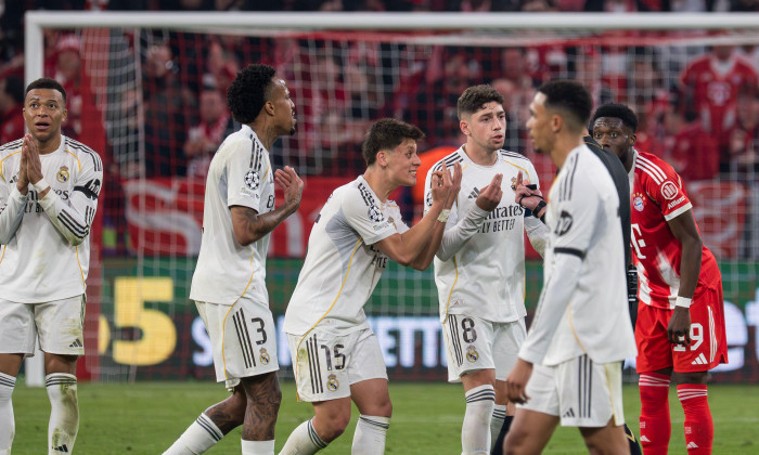 GER, Bavaria, Munich, Fussball, FC Bayern Munich - Real Madrid CF, at the Allianz Arena, Munich, Champions League, Quarter finals, second leg, April 15, 2026, from left: Kylian Mbappe (Real Madrid CF, 10), Eder Militao (Real Madrid CF, 3), Arda Guler (Rea