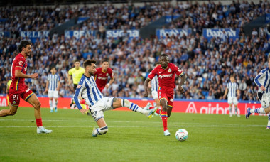 Brais Méndez of Real Sociedad in action during the La Liga EA Sports football match between Real Sociedad and Getafe CF at Reale Arena (Estadio Anoeta) on April 22, 2026 in San Sebastian, Spain. (Photo by DUCINT Mickael - Trequartista)
