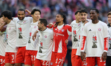 MUNICH, GERMANY - APRIL 19: Jonathan Tah of Bayern Muenchen , Hiroki Ito of Bayern Muenchen , Raphael Guerreiro of Bayern Muenchen , Michael Olise of Bayern Muenchen , Aleksandar Pavlovic of Bayern Muenchen Nicolas Jackson of FC Bayern München celebrate