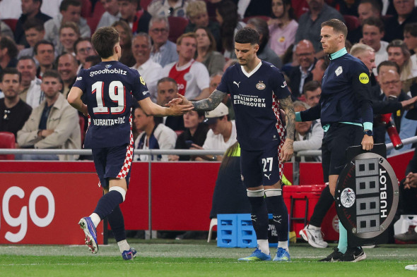 Amsterdam, Netherlands. 02nd May, 2026. AMSTERDAM, NETHERLANDS - MAY 2: Esmir Bajraktarevic of PSV is substituted for Dennis Man of PSV during the Dutch Eredivisie match between AFC Ajax and PSV at Johan Cruijff ArenA on May 2, 2026 in Amsterdam, Netherla