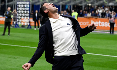 Milano, Italy. 03rd May, 2026. Cristian Chivu, head coach of FC Internazionale, celebrates the victory of the italian championship at the end of the Serie A 2025/2026 football match between FC Internazionale and Parma Calcio at San Siro stadium in Milano