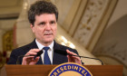 Bucharest, Romania. 22nd Apr, 2026: Nicusor Dan, President of Romania, makes press statements after consultations with the ruling parties following the Social Democratic Party (PSD) withdrawal of political support for Prime Minister Ilie Bolojan. Credit: