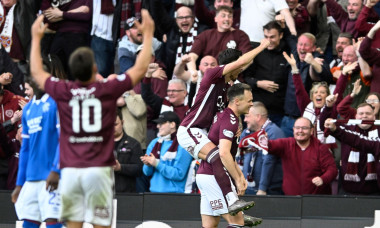 Edinburgh, Scotland, 4th May 2026. Lawrence Shankland of Hearts celebrates with the fans after scoring to make it 2-1 during the Hearts vs Rangers Scottish Premiership match at Tynecastle Park, Edinburgh. Picture credit should read: Neil Hanna / Sportimag