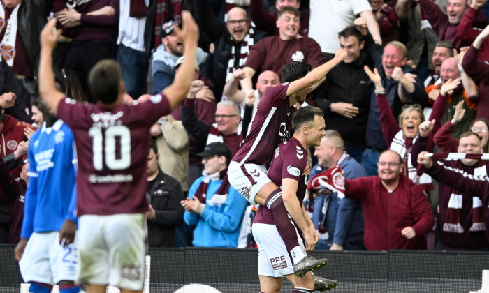 Edinburgh, Scotland, 4th May 2026. Lawrence Shankland of Hearts celebrates with the fans after scoring to make it 2-1 during the Hearts vs Rangers Scottish Premiership match at Tynecastle Park, Edinburgh. Picture credit should read: Neil Hanna / Sportimag