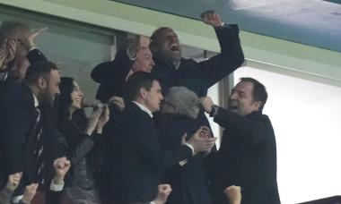 The Prince of Wales celebrates Aston Villa's third goal in the stands during the UEFA Europa League match at Villa Park, Birmingham. Picture date: Thursday May 7, 2026.