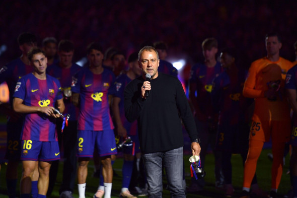 Barcelona, Esp. 10th May, 2026. FC BARCELONA vs REAL MADRID MAY 10, 2026 Hansi Flick head coach of FC Barcelona League championship celebration after the match between FC Barcelona and Real Madrid corresponding to the thirty-five day of La Liga EA Sports