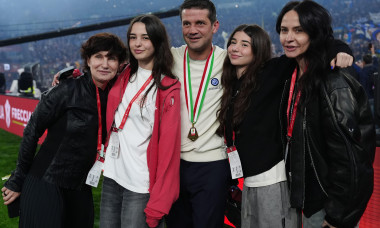 Rome, Italy. 13th May, 2026. Cristian Chivu Head Coach of FC Internazionale poses with his family at the end of the Coppa Italia Frecciarossa final match between SS Lazio and FC Internazionale at Olympic Stadium on May 13, 2026 in Rome, Italy Credit: Gius