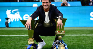 Milano, Italy. 17th May, 2026. Cristian Chivu, head coach of FC Internazionale, poses with the Trophies as he celebrates the victory of the Italian Championship at the end of the 2025/2026 Serie A football match between FC Internazionale and Hellas Verona