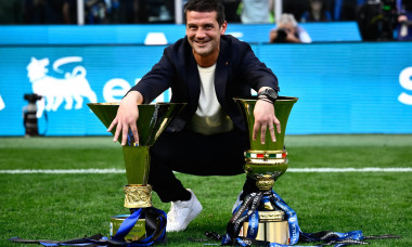 Milano, Italy. 17th May, 2026. Cristian Chivu, head coach of FC Internazionale, poses with the Trophies as he celebrates the victory of the Italian Championship at the end of the 2025/2026 Serie A football match between FC Internazionale and Hellas Verona