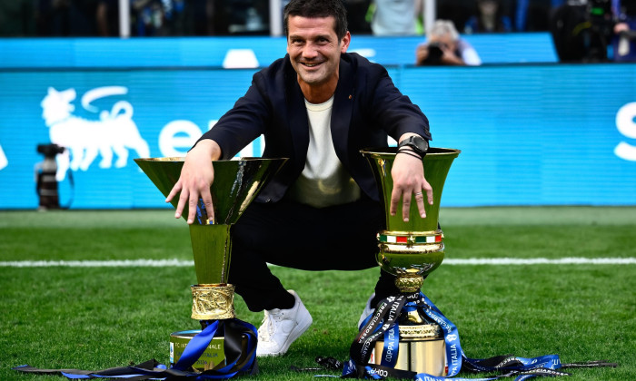 Milano, Italy. 17th May, 2026. Cristian Chivu, head coach of FC Internazionale, poses with the Trophies as he celebrates the victory of the Italian Championship at the end of the 2025/2026 Serie A football match between FC Internazionale and Hellas Verona