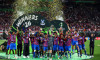 Leipzig, Germany. 27th May, 2026. Palace players Crystal Palace goalkeeper Dean Henderson (1) celebrate winning Crystal Palace Manager Oliver Glasner [AUT] Crystal Palace forward Yéremi Pino (10) Crystal Palace defender Maxence Lacroix (5) the Crystal Pal