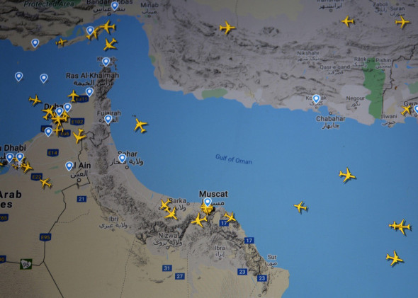 air traffic over Oman and Ormuz strait (22 july 2020, UTC 08.22) on Internet with Flightradar 24 site, during the Coronavirus Pandemic
