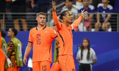 Arlington, United States. 14th June, 2026. Netherlands defender Virgil van Dijk (4) scores a GOAL 1-0 and celebrates Netherlands defender Micky van de Ven (15) during the Netherlands v Japan FIFA WORLD CUP 2026 Group F match at Dallas Stadium, Arlington,