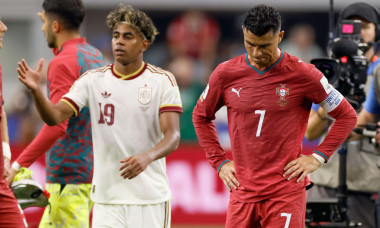 Lamine Yamal of Spain celebrates while Cristiano Ronaldo of Portugal looks dejected after the FIFA World Cup 2026 Round Of 16 match between Portugal and Spain at Dallas Stadium on July 6, 2026 in Arlington, United States.