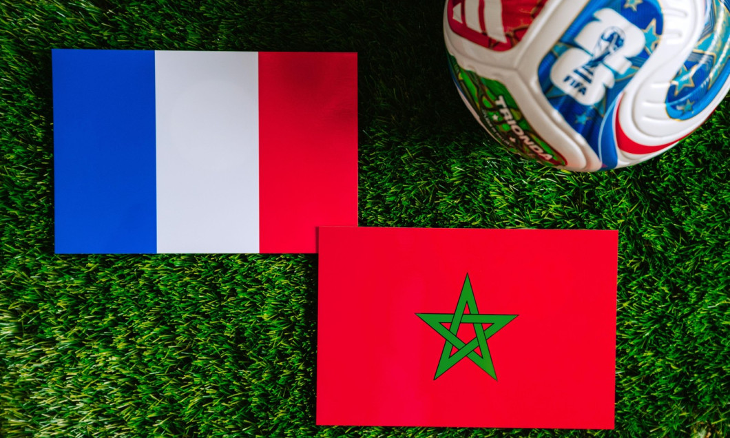 NEW YORK, USA, JULY 6, 2026: FIFA World Cup 2026 quarterfinal: France vs Morocco, national flags before international football match. Editorial footba