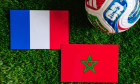 NEW YORK, USA, JULY 6, 2026: FIFA World Cup 2026 quarterfinal: France vs Morocco, national flags before international football match. Editorial footba