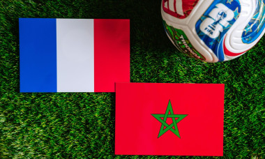 NEW YORK, USA, JULY 6, 2026: FIFA World Cup 2026 quarterfinal: France vs Morocco, national flags before international football match. Editorial footba