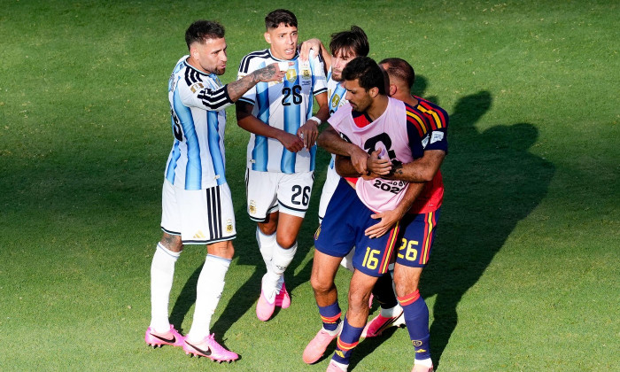 Argentina's Nicolas Otamendi and Nahuel Molina confront Spain's Rodri after the FIFA World Cup 2026 final at the New York-New Jersey Stadium. Picture date: Sunday July 19, 2026.
