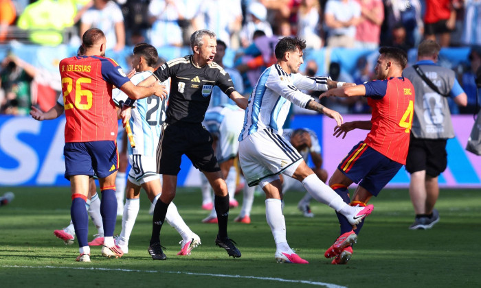 New Jersey, USA. 19th July, 2026. Eric Garcia of Spain is pushed by Leandro Paredes of Argentina after the final whistle of the Spain vs Argentina FIFA World Cup final match at the Metlife Stadium, New Jersey. Picture credit should read: Paul Terry/Sporti