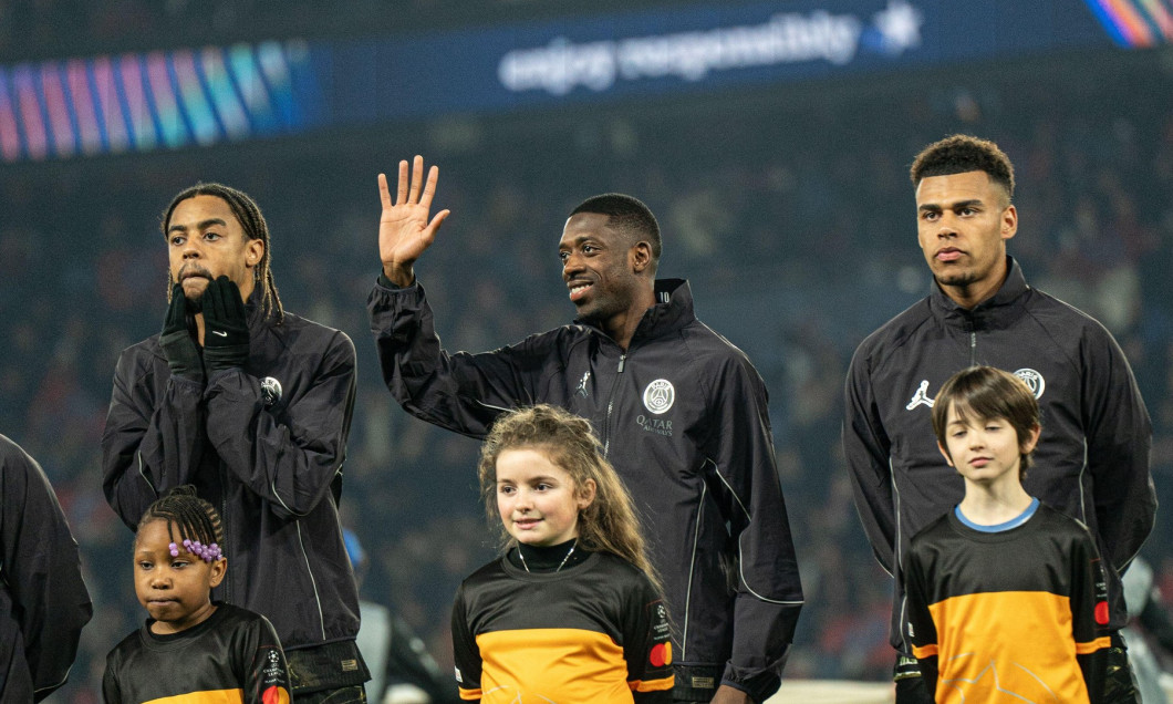 Paris, France. 11 Mar 2026. (L-R) Bradley Barcola, Ousmane Dembele and Désiré Doué of PSG stand with mascots prior to the UEFA Champions League match between Paris Saint-Germain and Chelsea at Parc des Princes. Credit: Terry Edmond/Alamy Live News