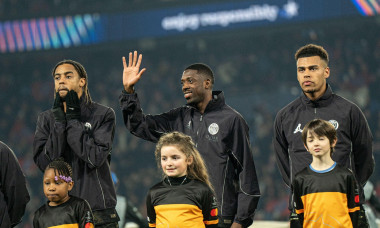Paris, France. 11 Mar 2026. (L-R) Bradley Barcola, Ousmane Dembele and Désiré Doué of PSG stand with mascots prior to the UEFA Champions League match between Paris Saint-Germain and Chelsea at Parc des Princes. Credit: Terry Edmond/Alamy Live News