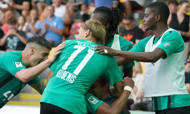 FK Auda players celebrate during UEFA Conference League first qualifying round second leg soccer match between Latvias