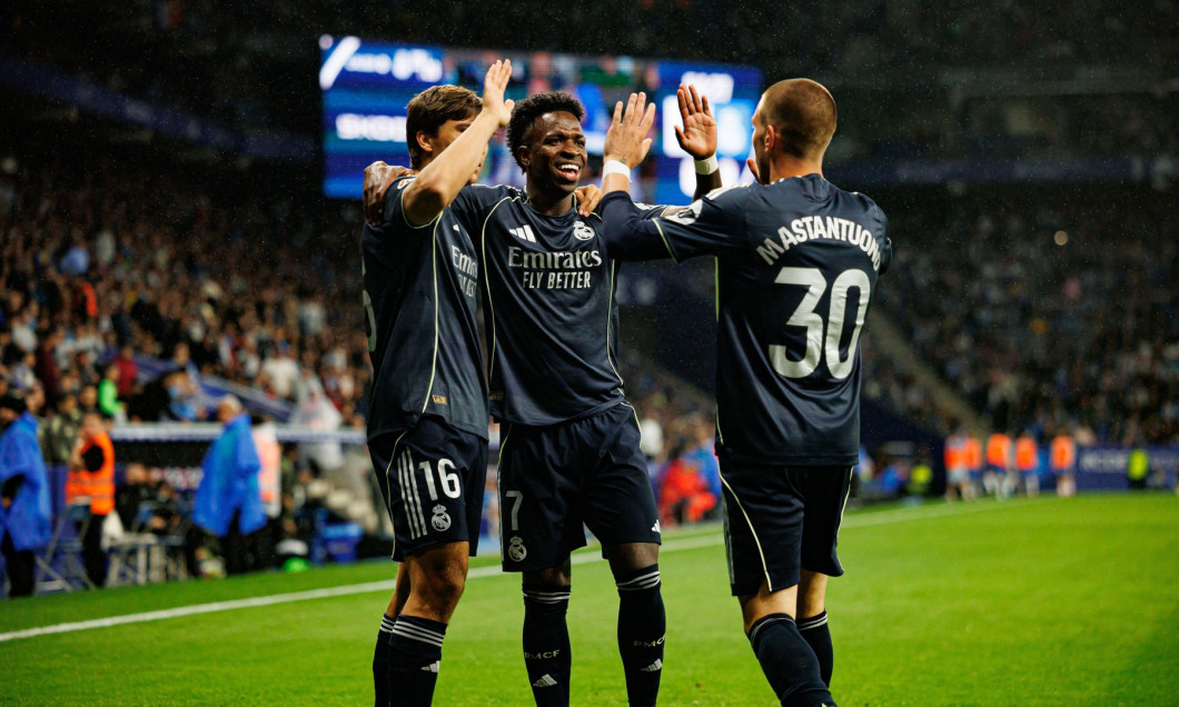 Vinicius Vini Junior, Gonzalo Garcia and Franco Mastantuono seen celebrating after scoring goal during LaLiga EASPORTS game between teams of RCD Espa