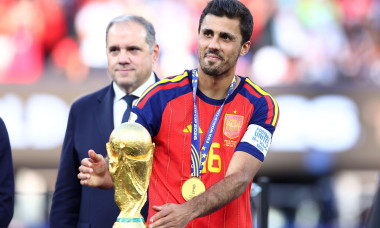 New Jersey, USA. 19th July, 2026. Rodri of Spain walks past the World Cup Trophy after the Spain vs Argentina FIFA World Cup final match at the Metlife Stadium, New Jersey. Picture credit should read: Paul Terry/Sportimage Credit: Sportimage Ltd/Alamy Liv
