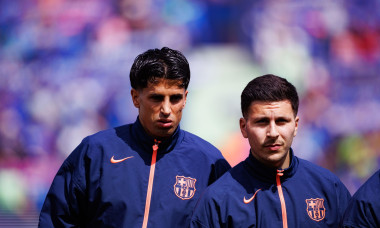 Getafe, Spain. 25th Apr, 2026. Joao Cancelo and Roony Bardghji (FC Barcelona) seen in action during LaLiga EA SPORTS game between teams of Getafe CF and FC Barcelona Credit: SOPA Images Limited/Alamy Live News