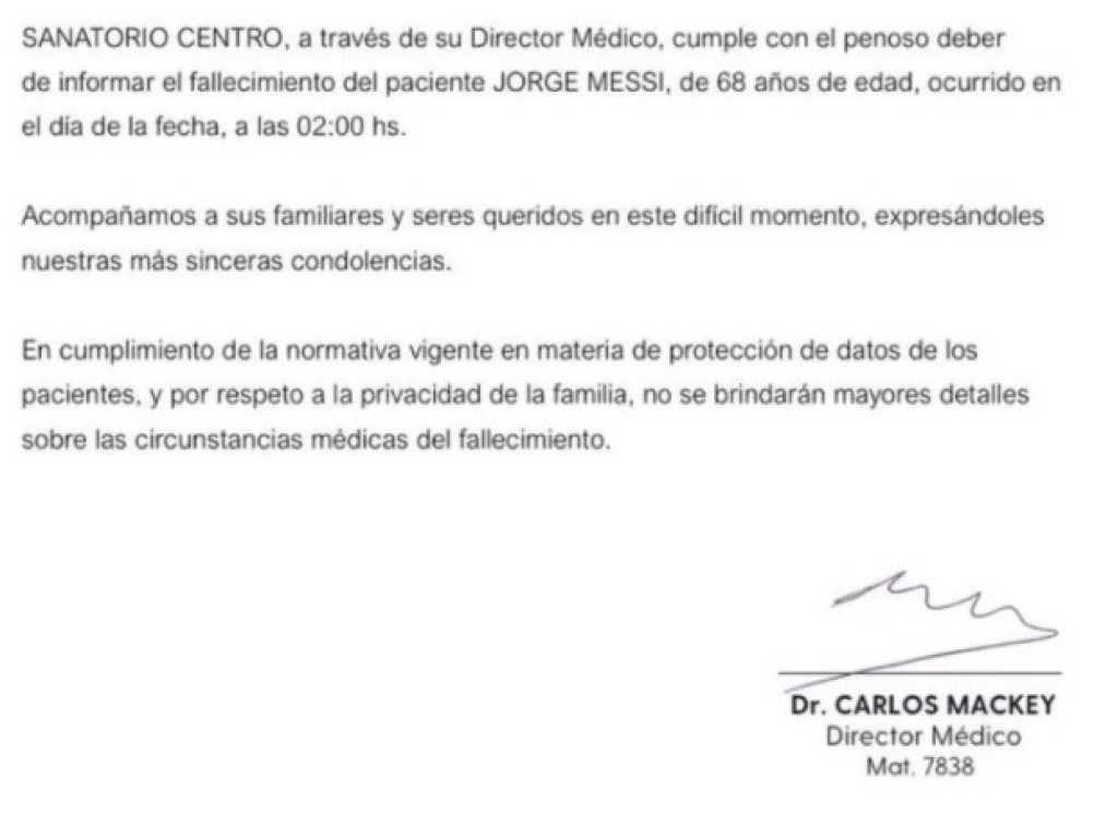 Comunicat oficial al spitalului din Rosario despre Jorge Messi