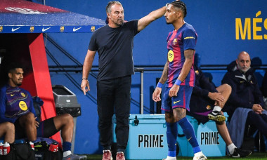 Barcelona, Espagne. 21st Sep, 2025. Hansi FLICK of Barcelona and Raphael DIAS BELLOLI (Raphinha) of Barcelona during the Spanish championship La Liga football match between FC Barcelona and Getafe CF on 21 September 2025 at Estadi Johan Cruyff in Barcelon