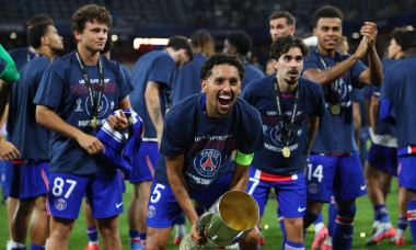 SALZBURG, AUSTRIA - AUGUST 12: Marquinhos of Paris Saint Germain is presenting the Supercup trophy to the fans of Paris after the UEFA Super Cup final between PSG and Aston Villa at Stadion Salzburg on August 12, 2026 in Salzburg, Austria.