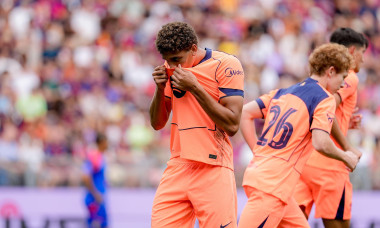 BASEL, SWITZERLAND - AUGUST 16: Hamza Abdelkarim (9 FC Barcelona), (right), celebrating after scoring teams second goal during the friendly match between FC Basel 1893 and FC Barcelona at St. Jakob Park Stadium on August 16, 2026 in Basel, Switzerland.