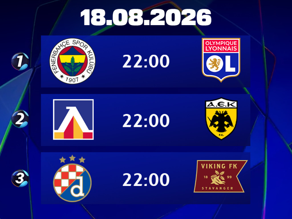 Play-off-urile UEFA Champions League: Fenerbahce - Lyon / Levski - AEK / Zagreb - Viking, de la 22:00, pe DGS 1, 2 și 3