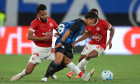 20th August 2026, Stadio di Bergamo, Bergamo, Italy, Atalanta v Hapoel Tev Aviv FC - UEFA Conference League Play Off 1st Leg, Season 2026-2027. Falcao and Marcus Coco of Hapoel Tel-Aviv FC clash with Giacomo Raspadori of Atalanta during the match.