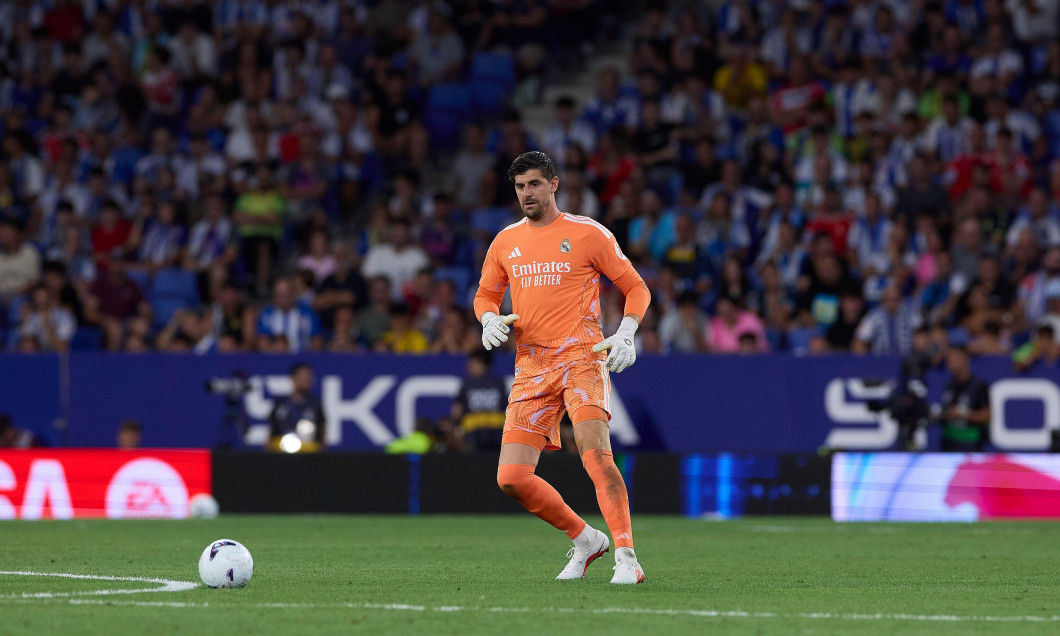 Barcelona, Spain. 22nd Aug, 2026. Thibaut Courtois of Real Madrid CF seen in action during the LaLiga EA Sports 2026/2027 week 2 football match between RCD Espanyol and Real Madrid CF at RCDE stadium. Final score; RCD Espanyol 1:2 Real Madrid CF Real Madr