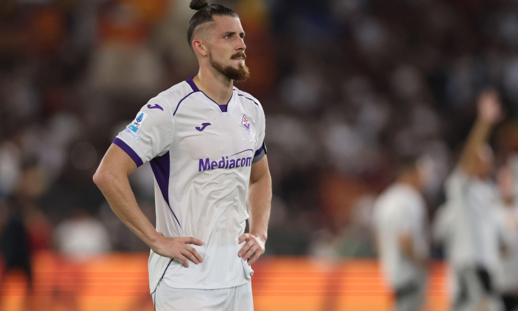 IPA87773623 - Rome, Italy - August 24, 2026: The disappointment of ACF Fiorentina player Radu Dragusin (center back) following the team's defeat at the end of the Italian Serie A season- Enilive Championship 2026–2027, following the soccer match between A