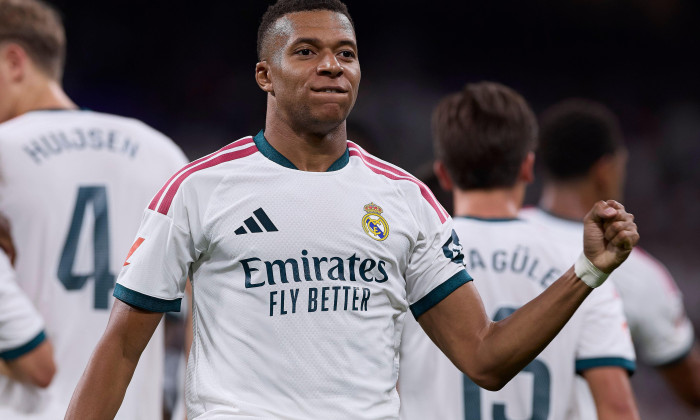 Madrid, Spain. 26th Aug, 2026. Kylian Mbappe of Real Madrid CF celebrates a goal during the LaLiga EA Sports 2026/2027 week 1 football match between Real Madrid CF and Real Sociedad at Santiago Bernabeu stadium. Final score; Real Madrid CF 4:1 Real Socied