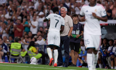 Madrid, Spain. 26th Aug, 2026. Jose Mourinho, the head coach of Real Madrid CF, and Vinicius Junior of Real Madrid CF seen in action during the LaLiga EA Sports 2026/2027 week 1 football match between Real Madrid CF and Real Sociedad at Santiago Bernabeu
