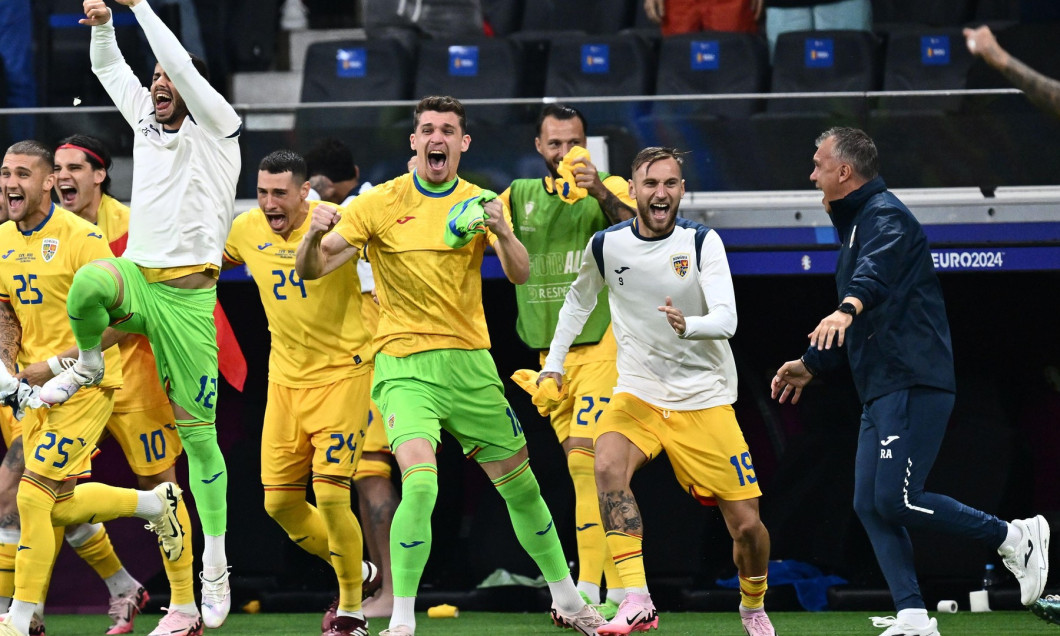 FRANKFURT AM MAIN, GERMANY - JUNE 26: Horatiu Moldovan, Stefan Tarnovanu, Bogdan Racovitan, Denis Dragus during the UEFA EURO 2024 group stage match b
