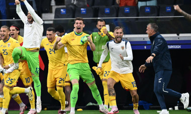 FRANKFURT AM MAIN, GERMANY - JUNE 26: Horatiu Moldovan, Stefan Tarnovanu, Bogdan Racovitan, Denis Dragus during the UEFA EURO 2024 group stage match b