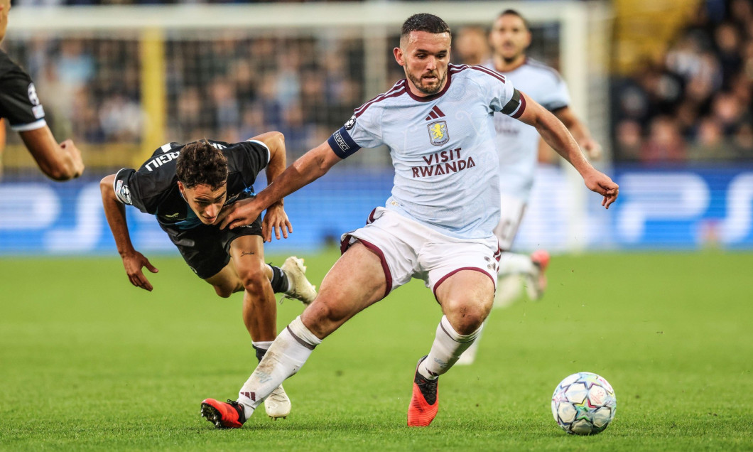Aston Villa's John McGinn (right) and Club Brugge's Jan Virgili battle for the ball during the UEFA Champions League, league phase match at the Jan Breydel Stadium in Bruges, Belgium. Picture date: Tuesday September 8, 2026.