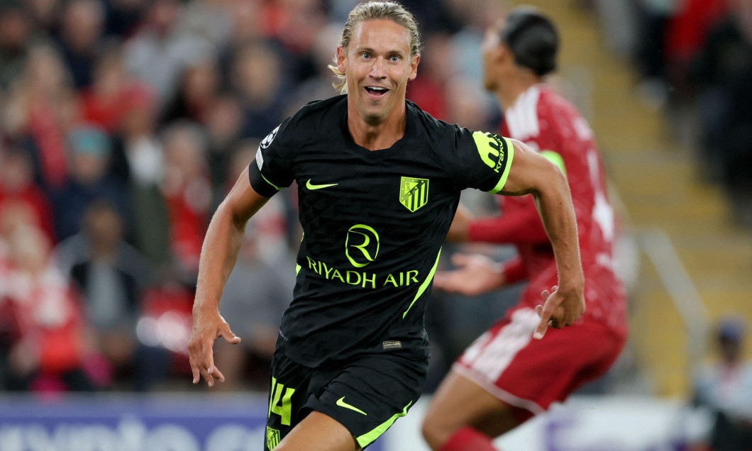 Marcos Llorente of Atletico Madrid celebrates 1st goal during the UEFA Champions League 2026/27 League Phase MD1 match between Liverpool FC and Atletico de Madrid at Anfield on September 9, 2026 in Liverpool, England. WARNING! This Photograph May Only B